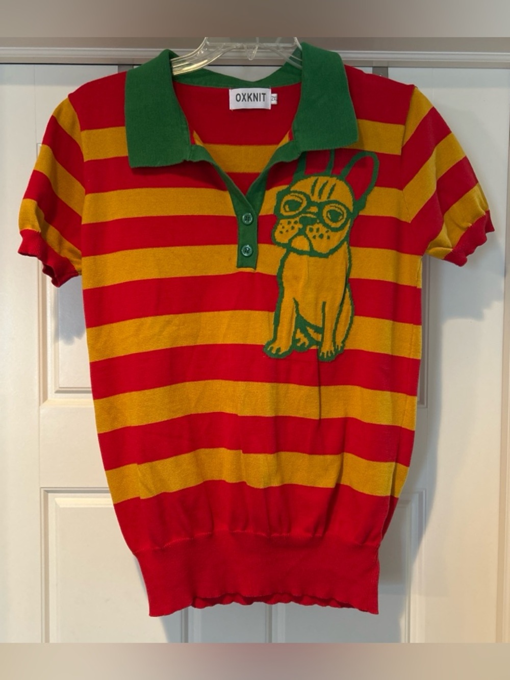 Striped V-Neck Polo Sweater with Dog Motif - Picture 2 of 6